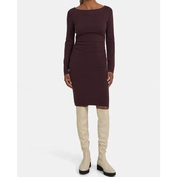 NWT Theory Boatneck Merlot 100% Cashmere Sweater Dress Sz Large Long Sleeve Midi - Picture 4 of 14